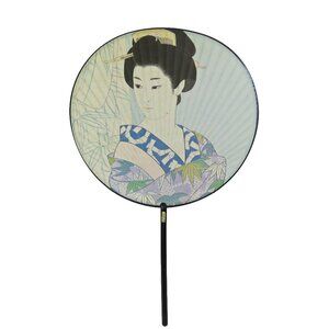 Vintage JAPANESE GEISHA Paper Fan Wood Handle - Total Length 15"